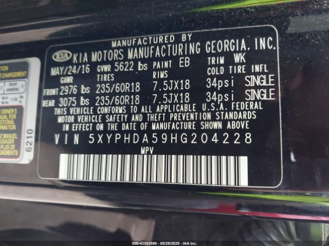 5XYPHDA59HG204228 KIA Sorento 3.3l Ex