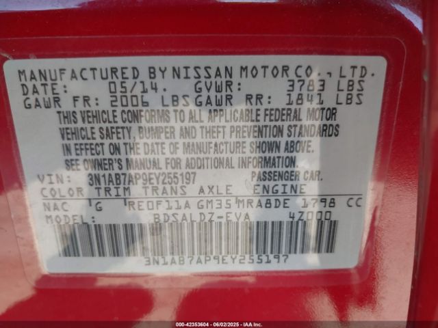 3N1AB7AP9EY255197 Nissan Sentra Fe+ S/fe+ Sv/s/sl/sr/sv