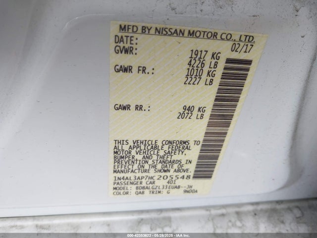 2017 Nissan Altima 2.5 S მანქანა იყიდება აუქციონზე, vin: 1N4AL3AP7HC205548, აუქციონის ნომერი: 42353622