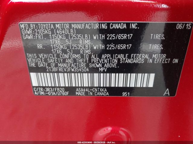 2T3BFREV3FW354504 Toyota RAV4 LE