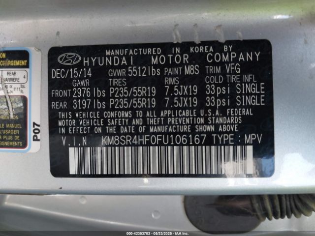 KM8SR4HF0FU106167 Hyundai Santa Fe Limited