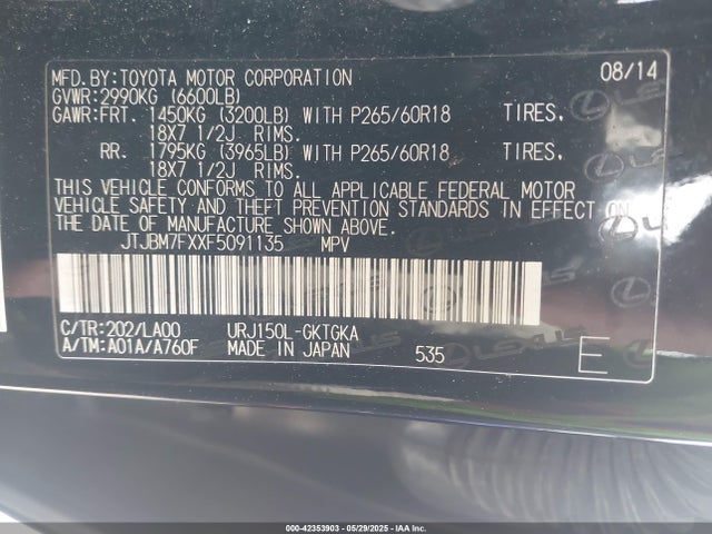 JTJBM7FXXF5091135 Lexus 1ur-fe