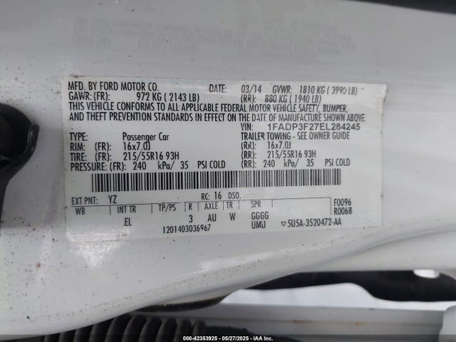 1FADP3F27EL284245 Ford FOCUS SE