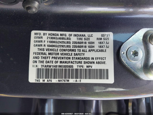 7FARW1H81ME005905 Honda Cr-v 2wd Ex-l