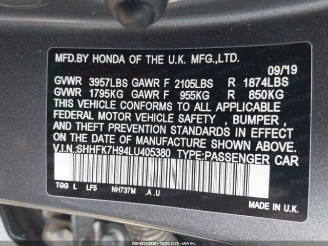 2020 HONDA CIVIC SHHFK7H94LU405380 Photo 8