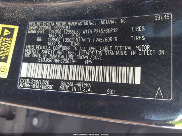 5TDJKRFH6FS208194 Toyota Highlander Xle V6
