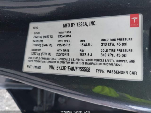 5YJ3E1EA0JF155558 Tesla Model 3 Long Range/mid Range