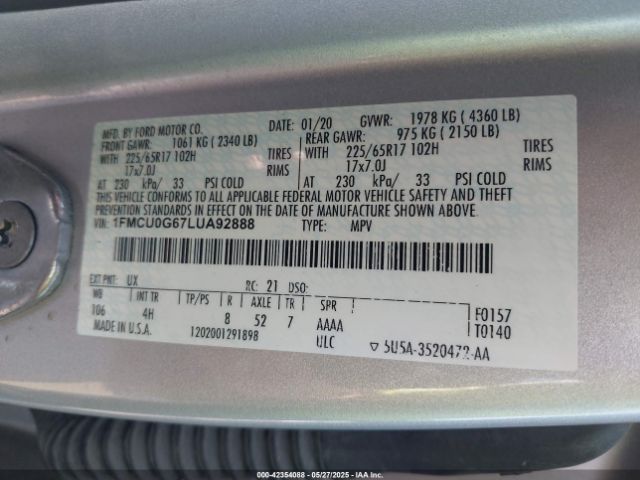 2020 FORD ESCAPE 1FMCU0G67LUA92888 Photo 8