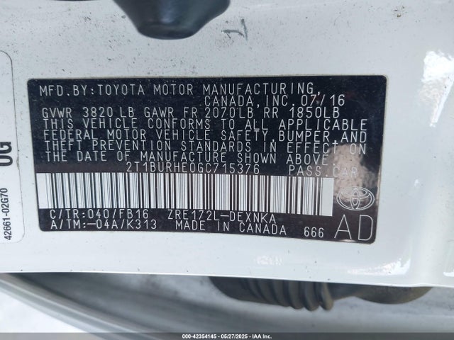 2T1BURHE0GC715376 Toyota COROLLA LE