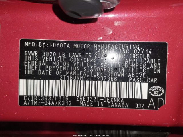 2T1BURHE3EC207366 Toyota COROLLA LE