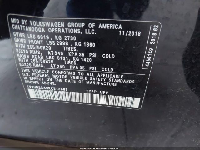 1V2UR2CA0KC513689 Volkswagen Atlas 3.6l V6 Se W/technology