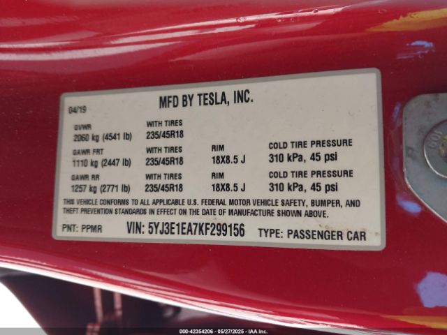 5YJ3E1EA7KF299156 Tesla MODEL 3