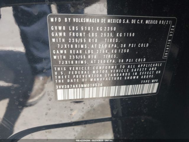 3VV3B7AX3NM016534 Volkswagen Tiguan 2.0t Se
