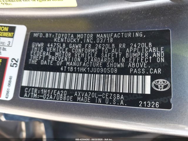 4T1B11HK1JU090508 Toyota CAMRY SE