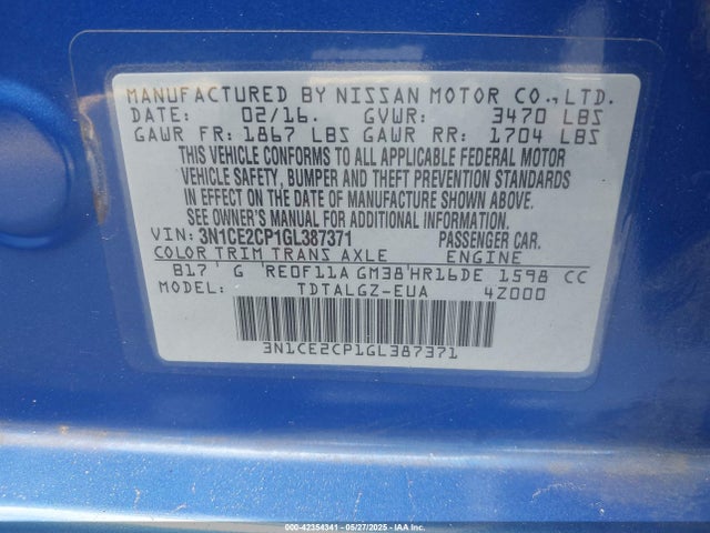 3N1CE2CP1GL387371 Nissan Versa Note Sr