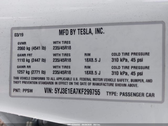 5YJ3E1EA7KF299755 Tesla Model 3 Long Range/mid Range/standard Range/standard Range Plus