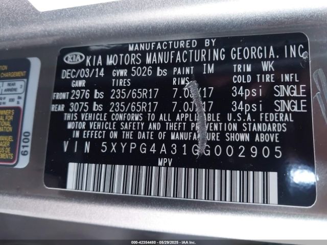5XYPG4A31GG002905 KIA dohc gdi theta ii