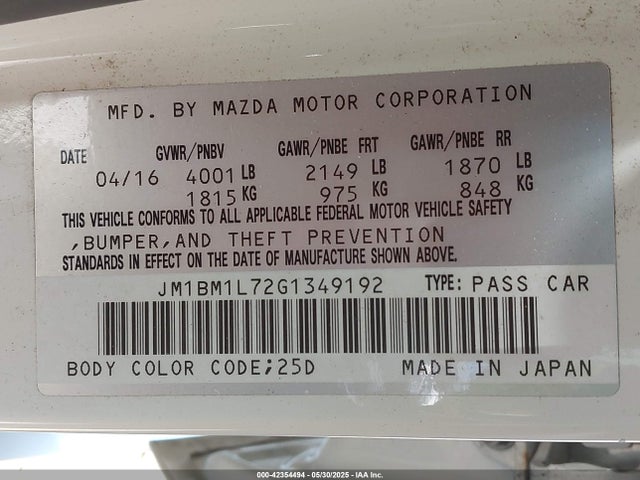 JM1BM1L72G1349192 Mazda Mazda3 I Touring