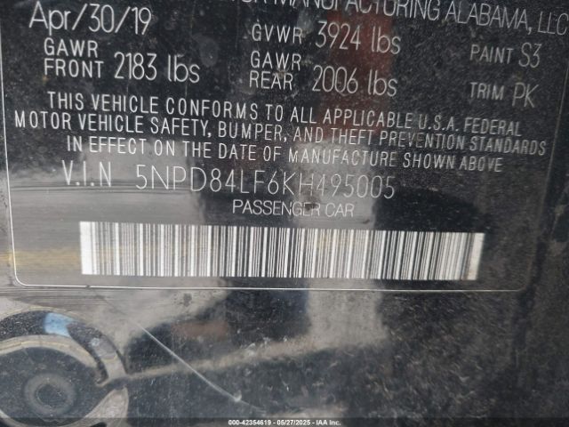 5NPD84LF6KH495005 Hyundai ELANTRA SEL