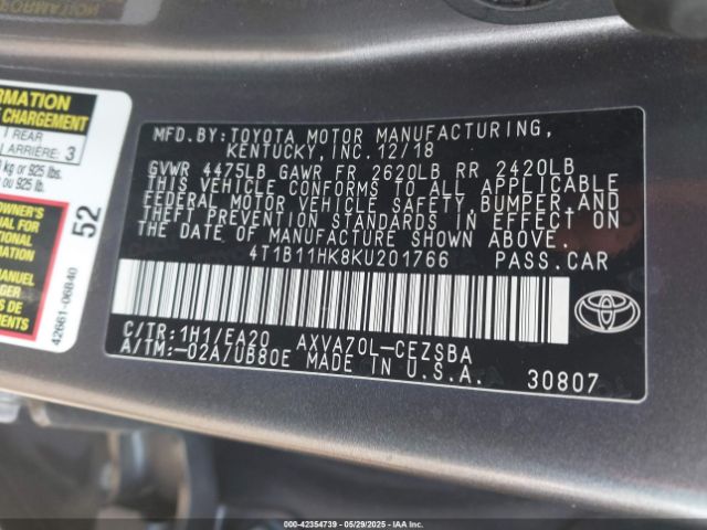 2019 TOYOTA CAMRY 4T1B11HK8KU201766 Photo 8
