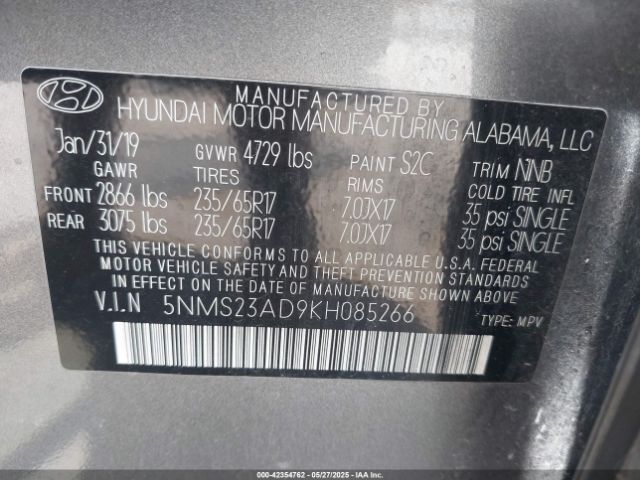 5NMS23AD9KH085266 Hyundai Santa Fe Se