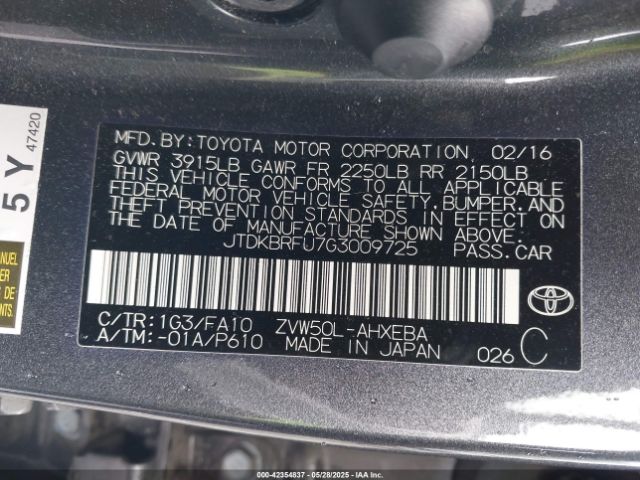 JTDKBRFU7G3009725 Toyota Prius Two