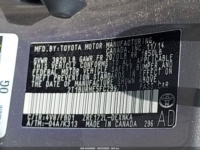 2T1BURHE5FC299713 Toyota Corolla L/le/le Pls/prm/s/s Pls