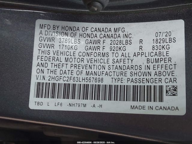 2020 HONDA CIVIC 2HGFC2F63LH567698 Photo 8