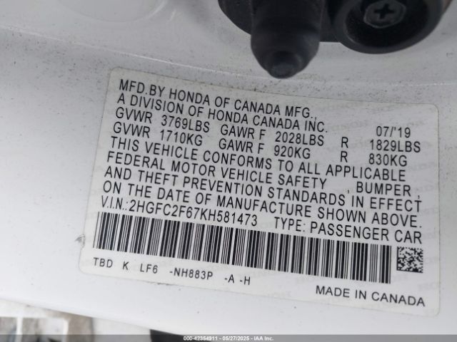 2019 HONDA CIVIC 2HGFC2F67KH581473 Photo 8