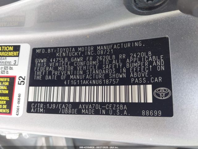 2022 TOYOTA CAMRY 4T1G11AK4NU618757 Photo 8