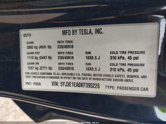 2019 TESLA MODEL 3 5YJ3E1EA0KF395226 Photo 8