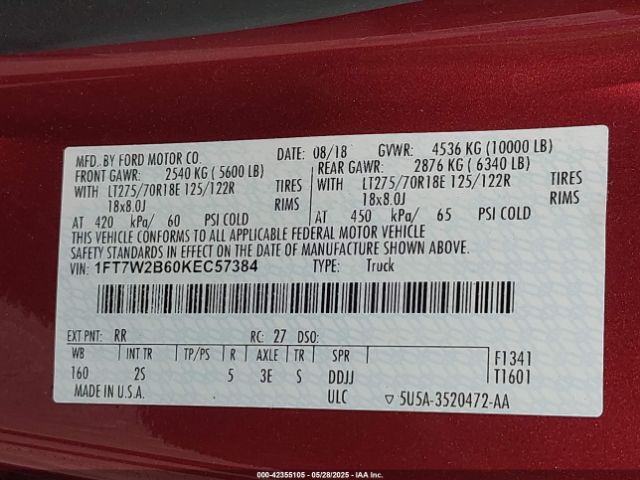 1FT7W2B60KEC57384 Ford F-250 Xlt