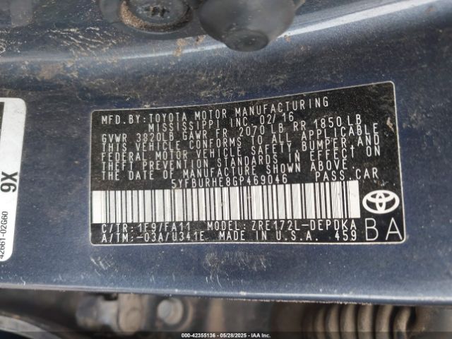 5YFBURHE8GP469046 Toyota COROLLA L