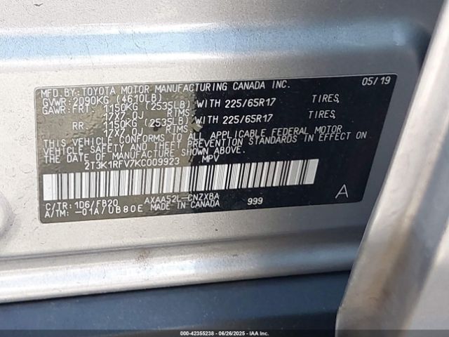 2T3K1RFV7KC009923 Toyota a25a-fks