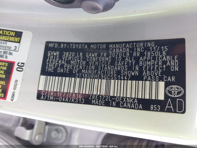 2T1BURHE9GC551447 Toyota 2zr-fe