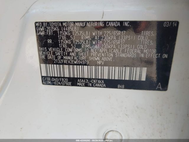 2T3ZFREV2EW094979 Toyota 2ar-fe