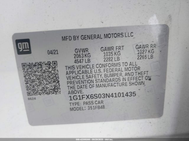 1G1FX6S03N4101435 Chevrolet Bolt Ev Fwd 2lt
