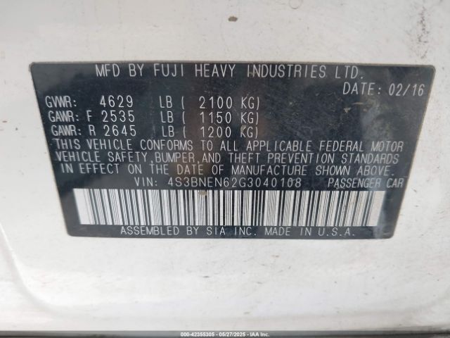 4S3BNEN62G3040108 Subaru 3.6l u4