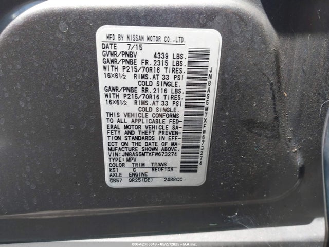 JN8AS5MTXFW673274 Nissan Rogue Select S