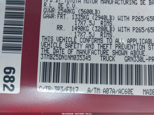 3TMBZ5DN1NM035345 Toyota 2gr-fks