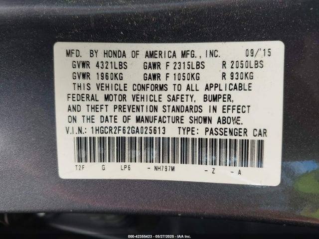 1HGCR2F62GA025613 Honda k24w1