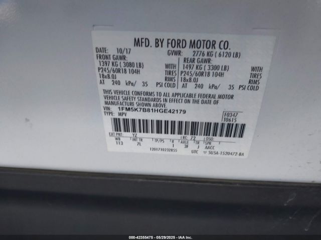 1FM5K7B81HGE42179 Ford Explorer