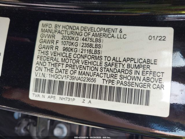 2022 HONDA ACCORD 1HGCV1F39NA023656 Photo 8