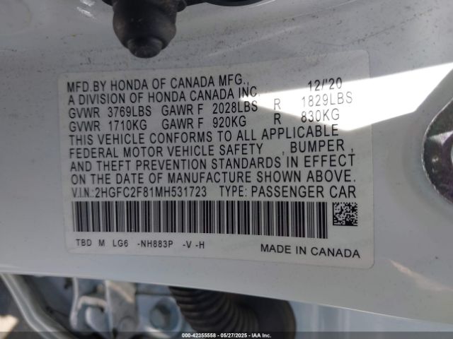 2021 HONDA CIVIC 2HGFC2F81MH531723 Photo 8