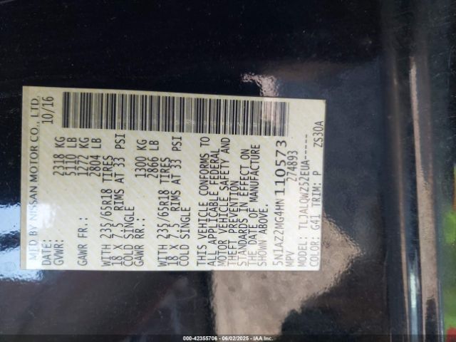 5N1AZ2MG4HN110573 Nissan Murano Platinum/s/sl/sv