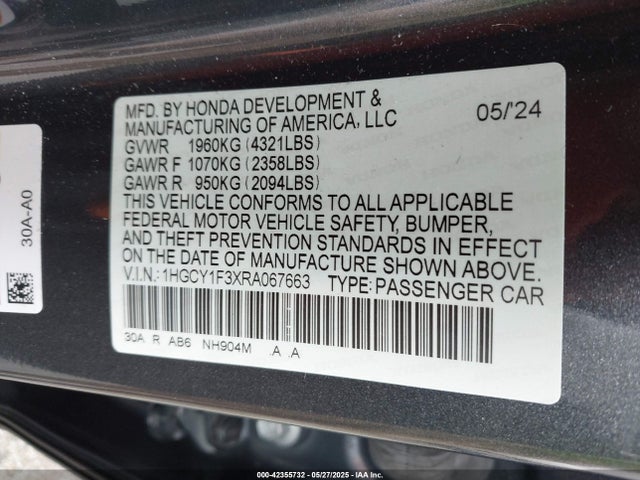 1HGCY1F3XRA067663 Honda l15be