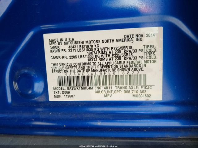 4A4AP3AU0FE018022 Mitsubishi Outlander Sport Es