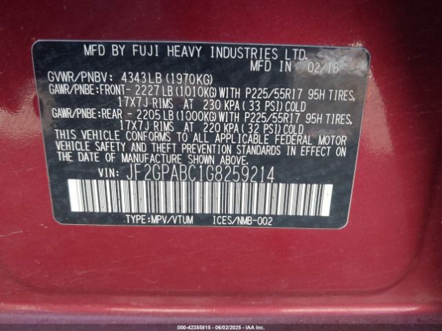 JF2GPABC1G8259214 Subaru Crosstrek 2.0i Premium