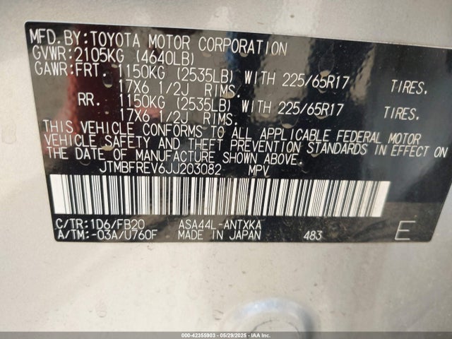 JTMBFREV6JJ203082 Toyota 2ar-fe