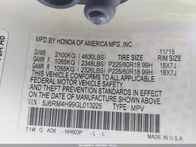 5J6RM4H99GL013225 Honda Cr-v Touring